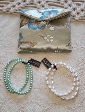 Honora White and Aqua Pearl Bracelet Duo with Embroidered Pouch